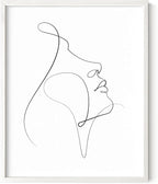 Minimalist Woman Profile Wall Art Upward Gaze Continuous Line Drawing Feminine Face 8x10 Inch Oak Wood White Framed Modern Aesthetic Print for Living Room