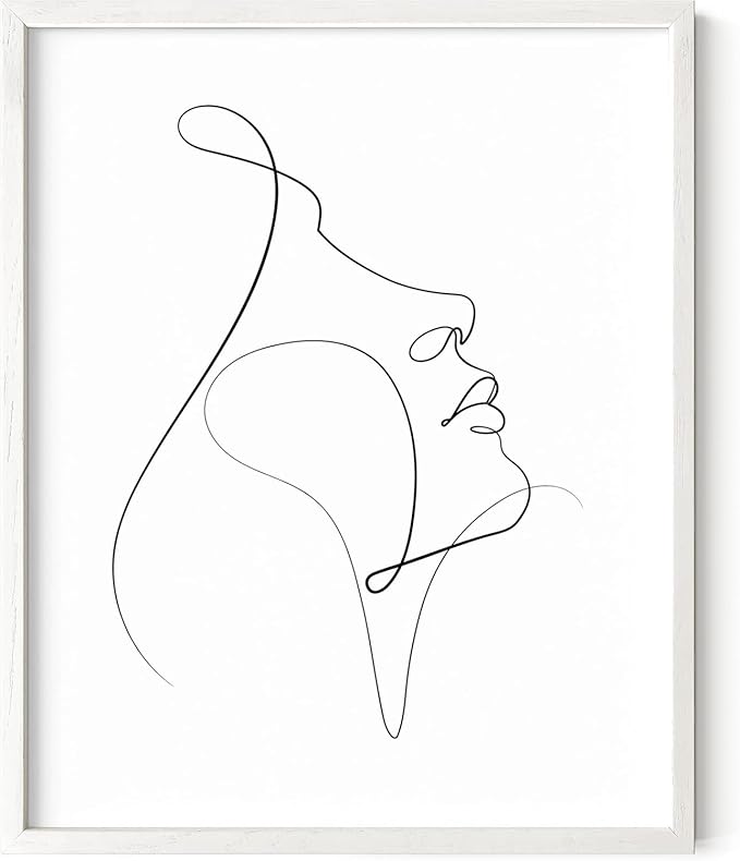 Minimalist Woman Profile Wall Art Upward Gaze Continuous Line Drawing Feminine Face 8x10 Inch Oak Wood White Framed Modern Aesthetic Print for Living Room