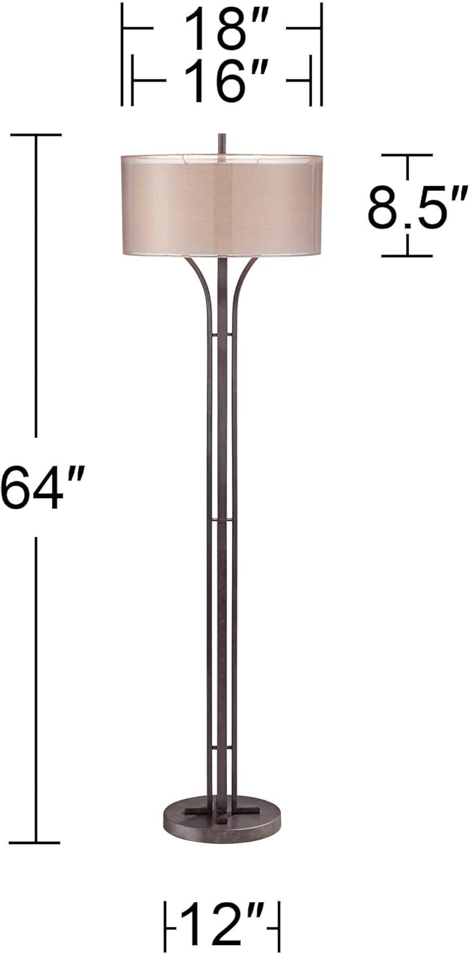 Franklin Iron Works Tristan Industrial Rustic 64" Tall Floor Lamp Standing with Smart Socket Deep Bronze Metal Sheer Tan Outer Textured Linen Inner Shade for Living Room Bedroom Office House Home