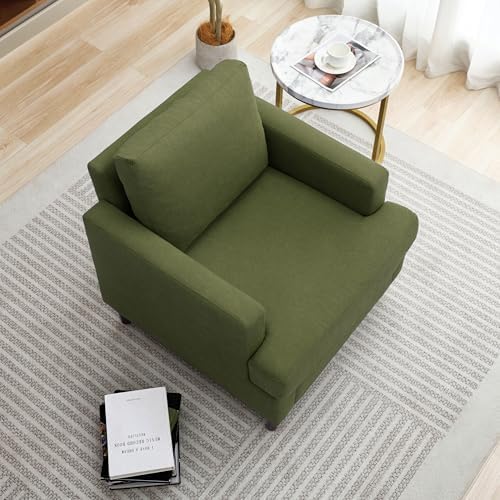 Mid-Century Accent Chair, Comfy Upholstered Reading Accent Chairs for Bedroom, Modern Linen Fabric Armchair for Living Room, Single Sofa Chair with Wood Legs (Green, 2 Pack)