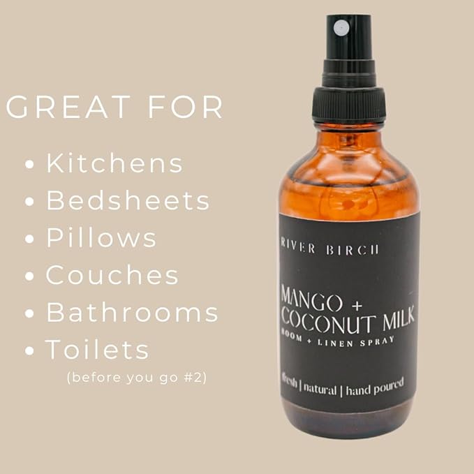 River Birch Mango Coconut Scented Linen and Room Spray | Home Fragrance | 4 oz Glass Amber Bottle | Luxury Signature Scent | Handmade in Texas