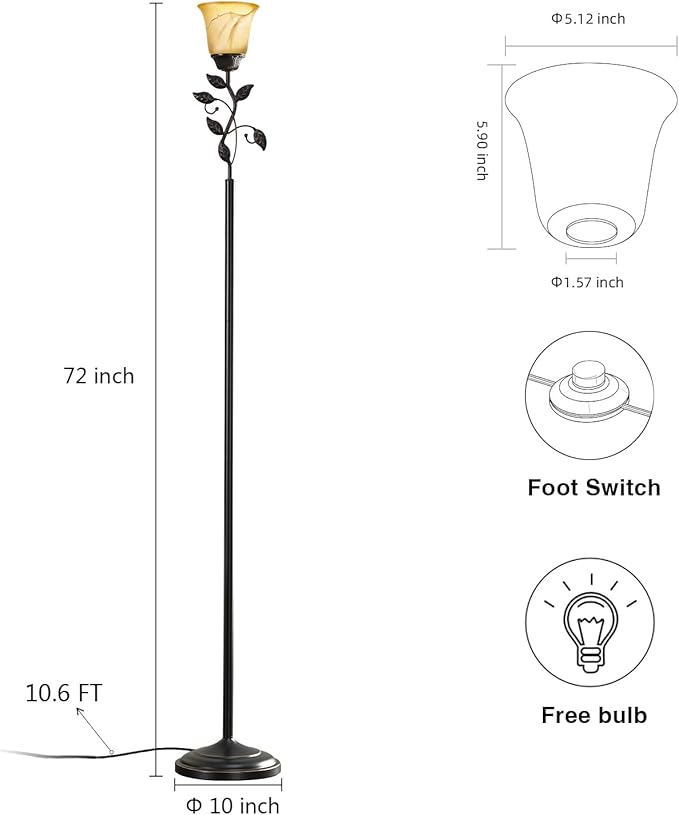 72” Flower Farmhouse Floor Lamp for Living Room, Unique Rustic Leaf Tall Standing Lamp with Amber Glass Shade and Traditional Foot Switch for Bedroom, Corner, Office, Bulb Included (Bronze)
