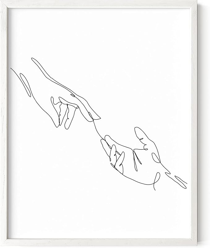 Minimalist Reaching Hands Wall Art Continuous Line Drawing Connection Symbol 11x14 Inch Oak Wood White Framed Aesthetic Modern Decor Print for Bedroom Living Room
