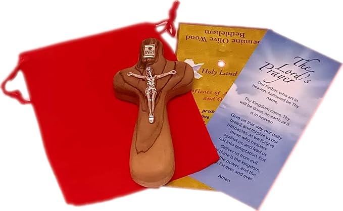 Holy Land Market Catholic Hand Held Holding Comfort Crucifix - with bag and Cards (4 Inches)