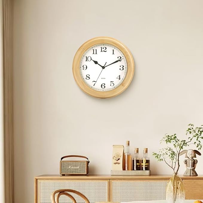 Kesin Wooden Analog Wall Clock, 11 inches Round Wall Clocks Battery Operated Silent Non-Ticking, Large Roman Numerals, Traditional Design for Kitchen Living Room Classroom Gym, Natural Grain