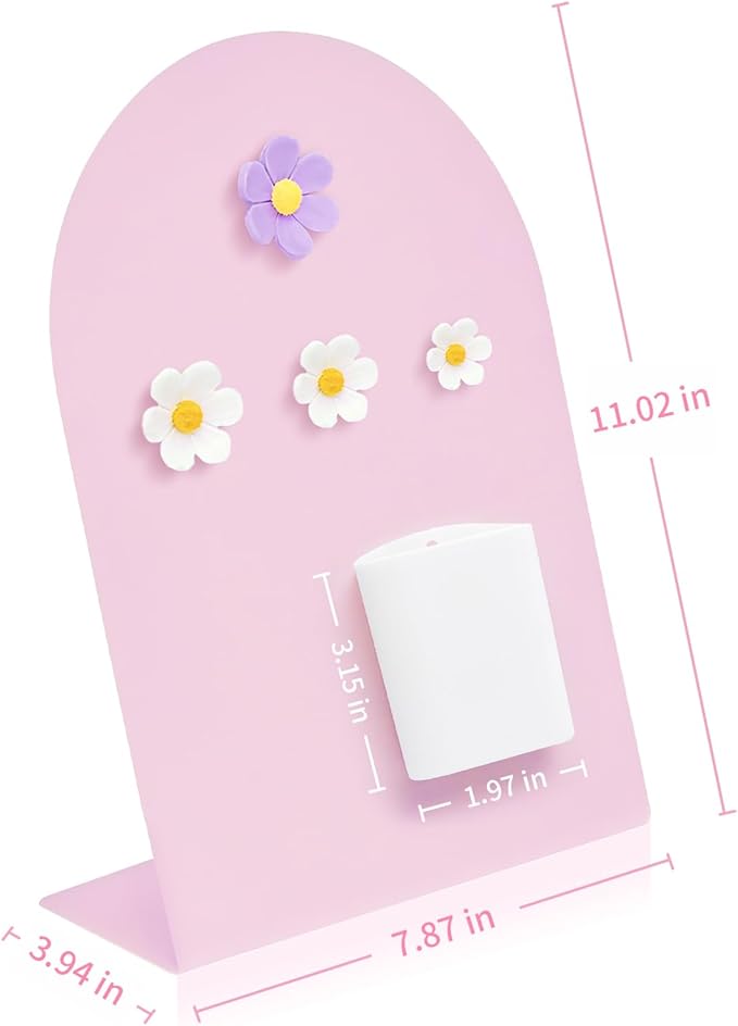 Desk Magnetic Message Board, Metal Bulletin/Memo Board with Magnetic Pen Holder and Flower Pins with Stand, Souvenir/Photo Display Board for Home, Office, Dormitory, Apartment, 8 * 11Inch (Pink)