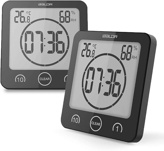 Baldr Digital Bathroom Clocks - 2 Pack Water-Resistant Shower Clock with Timer - Large LCD Display Digital Clock for Shower with Timer, Temperature and Humidity, Wall Clock for Bathroom, Black