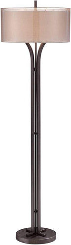 Franklin Iron Works Tristan Modern Standing Floor Lamp 64" Tall Bronze Metal Sheer Brown Textured Linen Fabric Double Drum Shades Decor for Living Room Reading House Bedroom Home