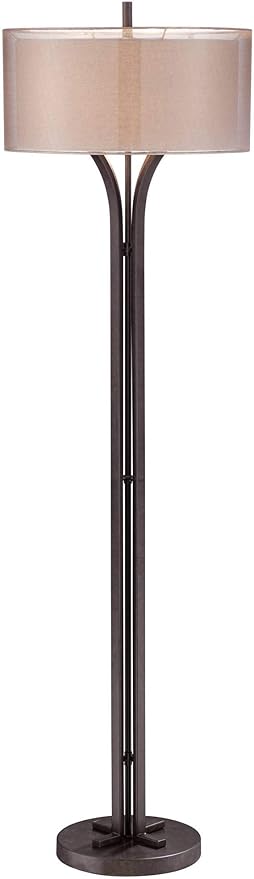 Franklin Iron Works Tristan Modern Standing Floor Lamp 64" Tall Bronze Metal Sheer Brown Textured Linen Fabric Double Drum Shades Decor for Living Room Reading House Bedroom Home