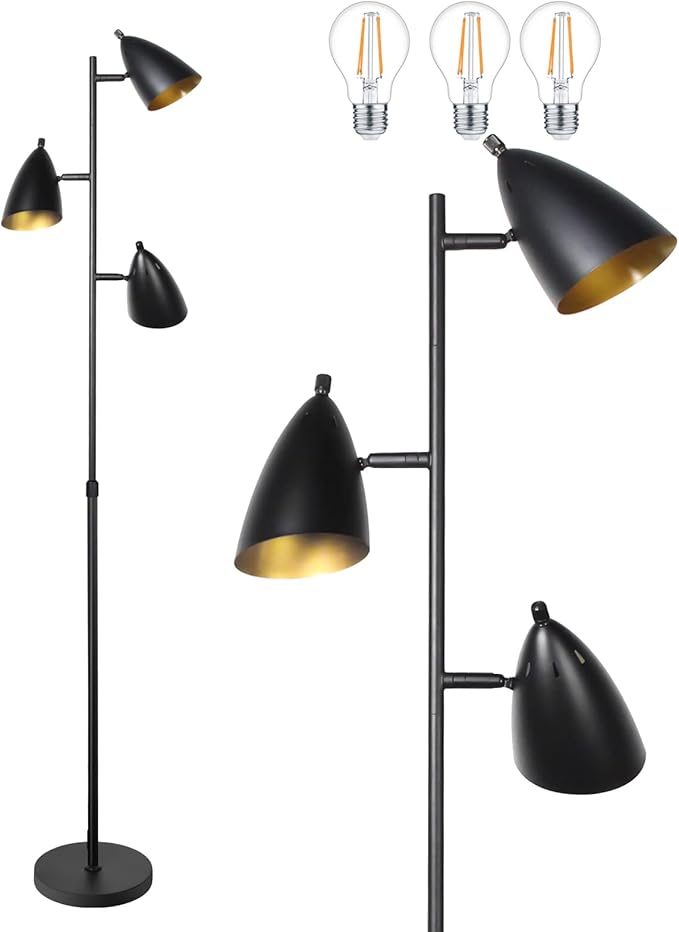 Tree Floor Lamp for Living Room, Industrial 3-Light Standing Lamp with 3 LED Bulbs, Adjustable Rotation Heads, Standing Tall Pole Lamp Farmhouse Rustic Reading Lamps for Bedroom Office (Black)