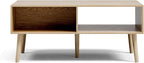 Coffee Table with Storage, Boho Dining Table with Fluted Drawer and Solid Wood Legs, Small Coffee Tables for Living Room, Oak