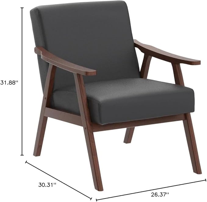 Accent Chair with Microfiber Upholstery and Solid Wood Frame, Classic Mid-Century Modern Living Room Furniture for Extra Seating, Black PU/PVC