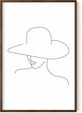 Elegant Woman in Hat Wall Art Minimalist Feminine Profile Continuous Line Drawing 24x36 Inch Oak Wood Walnut Framed Chic Fashion Print for Vanity Bedroom