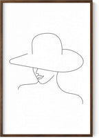 Elegant Woman in Hat Wall Art Minimalist Feminine Profile Continuous Line Drawing 24x36 Inch Oak Wood Walnut Framed Chic Fashion Print for Vanity Bedroom