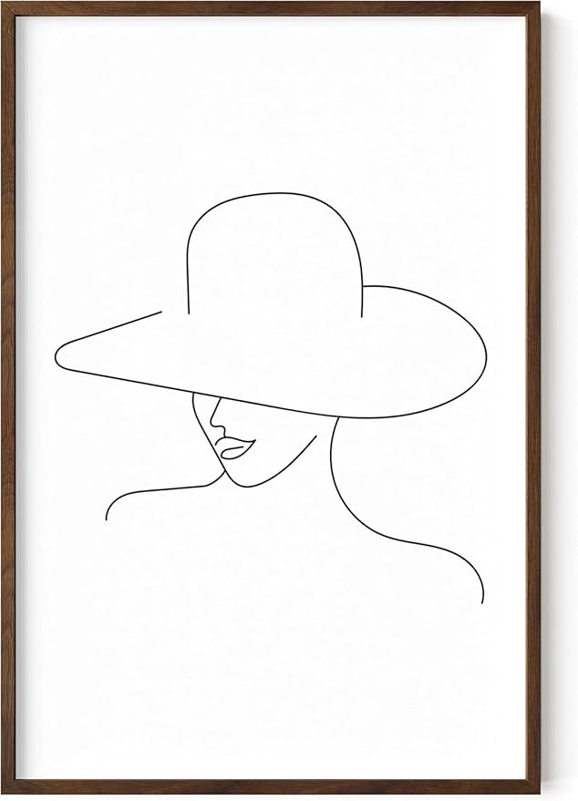 Elegant Woman in Hat Wall Art Minimalist Feminine Profile Continuous Line Drawing 24x36 Inch Oak Wood Walnut Framed Chic Fashion Print for Vanity Bedroom