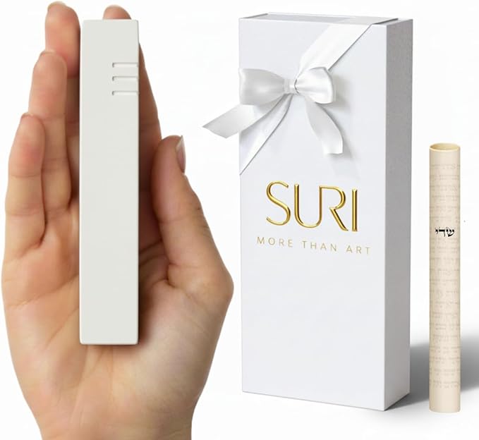 SURI Mezuzah for Door with Scroll Inside – 4 Inch White Concrete Judaica Mezzuzah Case with Non-Kosher Scroll, Self-Stick Adhesive, Gift Box Included, Fits a 3 Inch Scroll