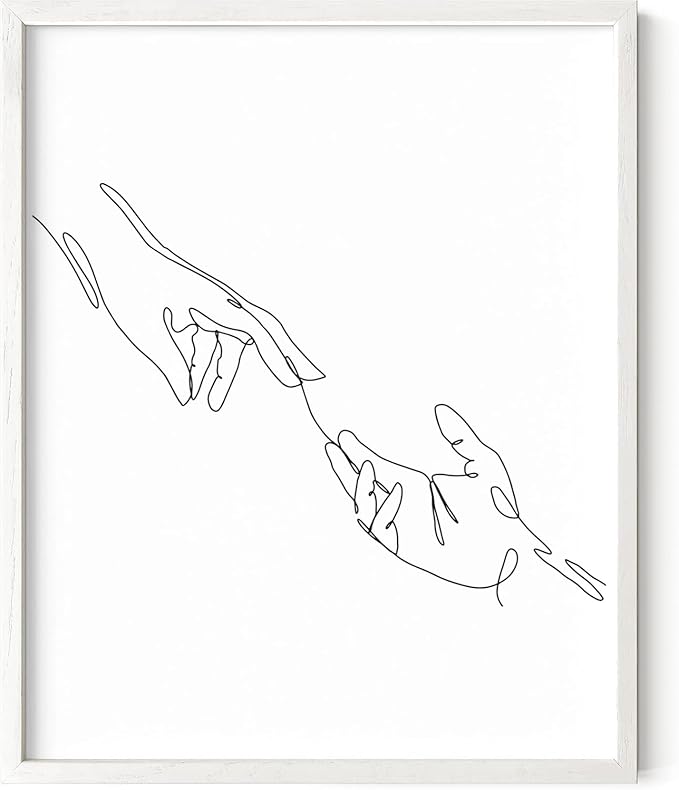 Minimalist Reaching Hands Wall Art Continuous Line Drawing Connection Symbol 8x10 Inch Oak Wood White Framed Aesthetic Modern Decor Print for Bedroom Living Room