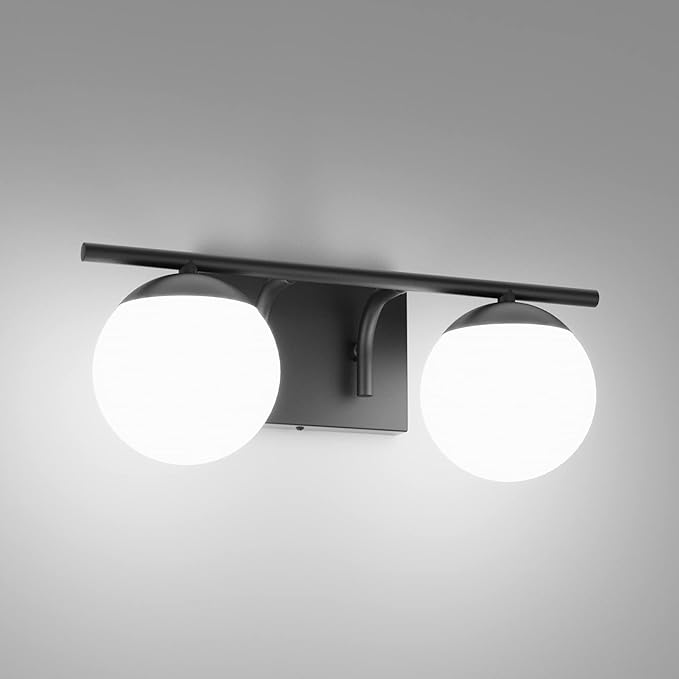 Ralbay Black Mid Century Modern 2-Light Bathroom Vanity Light Fixtures with Matte Black Milky Glass Globe