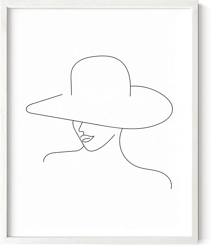 Elegant Woman in Hat Wall Art Minimalist Feminine Profile Continuous Line Drawing 16x20 Inch Oak Wood White Framed Chic Fashion Print for Vanity Bedroom