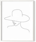 Elegant Woman in Hat Wall Art Minimalist Feminine Profile Continuous Line Drawing 16x20 Inch Oak Wood White Framed Chic Fashion Print for Vanity Bedroom