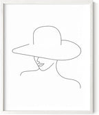 Elegant Woman in Hat Wall Art Minimalist Feminine Profile Continuous Line Drawing 16x20 Inch Oak Wood White Framed Chic Fashion Print for Vanity Bedroom