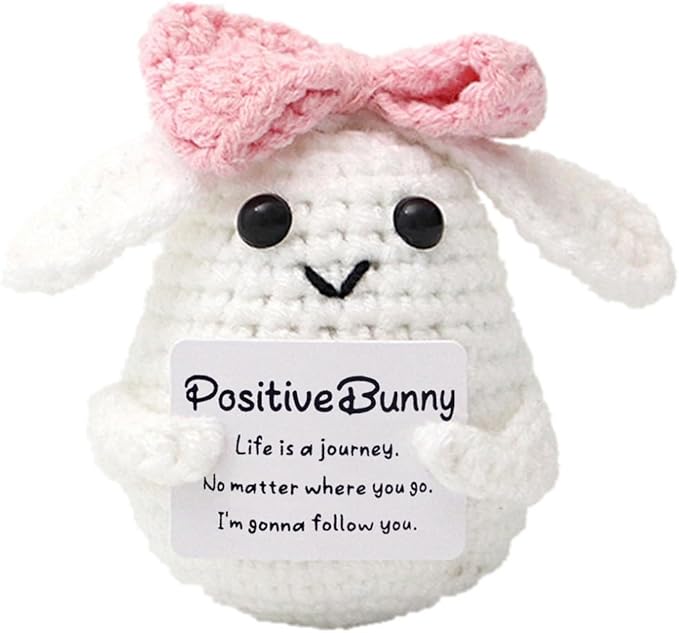 WASTIME Funny Knitted Wool Doll Toy with Positive Card - Creative Cute Mini Crochet Positive Potato Dolls Cheer Up Gift for Family Kids Friends Encouragement Decoration (C- Positive Bunny)