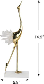 suruim Elegant Gold Crane Bird Statues with Crystal Tail Accents, Decorative Brass Figurines for Home Decor (White A)