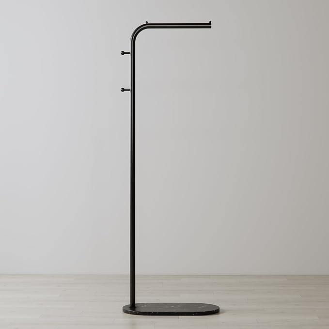 clothes rack,Modern clothing racks for hanging clothes,7-shaped coat rack Freestanding with Stable Oval Marble Base and 2 Hooks,small garment rack for Jackets, Coats, Hats(black)