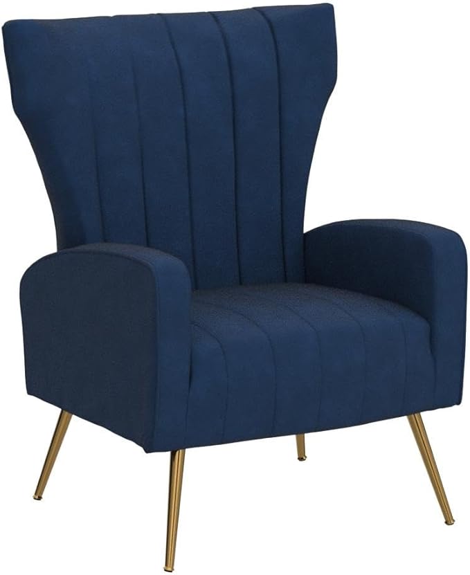 Modern Velvet Accent Chair, Channel Tufted Bedroom, Office or Living Room Furniture with Elegant Metal Legs, 26" Wide Armchair, Blue