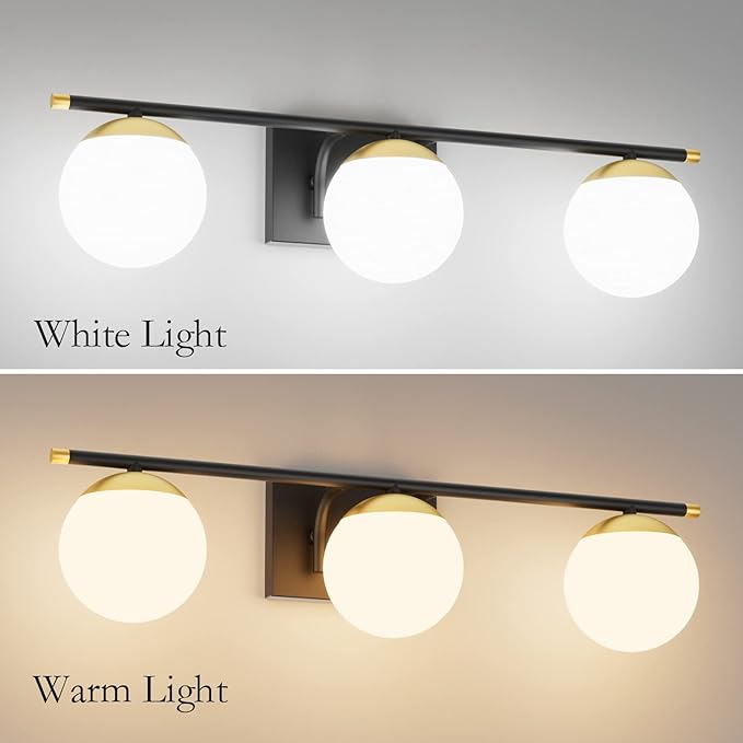 Ralbay Black and Gold Bathroom Lights 3-Light Mid Century Modern Milky Glass Black and Gold Vanity Lights for Bathroom