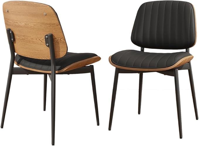 Dining Chairs Set of 2, Mid-Century Modern Upholstered PU Leather Chairs with Walnut Bentwood Back and Metal Legs for Kitchen Dining Living Room, Black Vertical Stripes (Black)