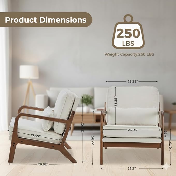 Simple Deluxe Mid-Century Modern Wood Accent Chair & Cozy Reading Chair, Upholstered Living Room Chair with Waist Cushion, Solid Wood Chair with Pillow for Bedroom, Beige