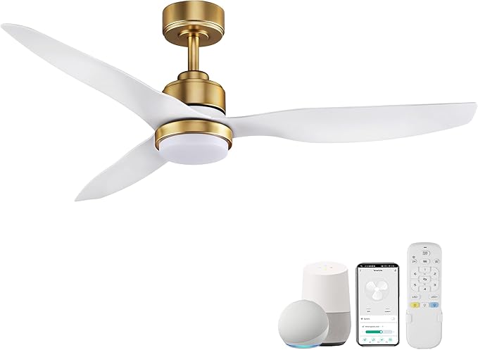 52 Inch Smart Ceiling Fans with Lights and Remote,Dimmable LED Light,Outdoor Indoor Gold White Ceiling Fan,Quiet DC Motor,High CFM 6 Speed,WIFI Alexa App Workable,for Bedroom Living Room Patio