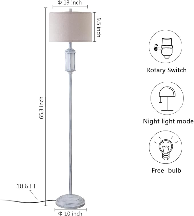65" Vintage Floor Lamp with Night Light, Farmhouse Antique White Tall Standing Lamp with 2 Light Sources, Rustic Floor Lights for Living Room Bedroom Office Corner, Bulb Included