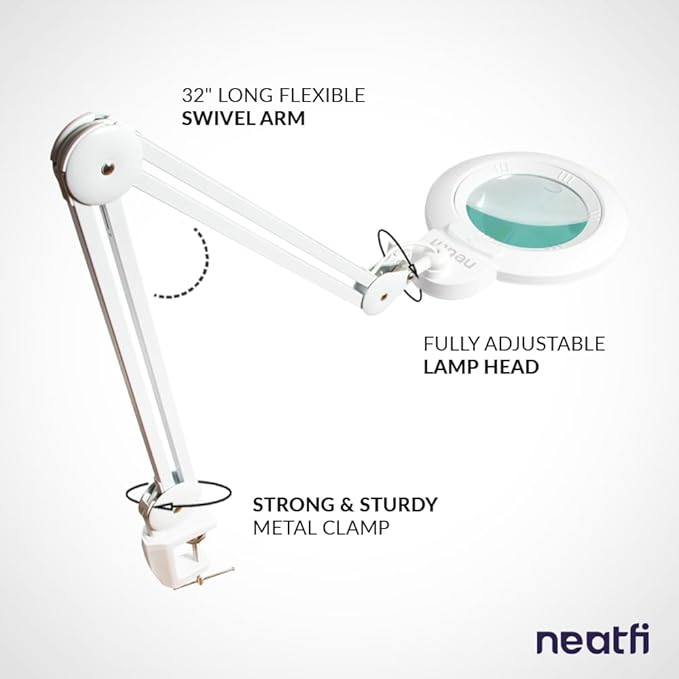 Neatfi XL Bifocal LED Magnifying Lamp – 7-Inch Glass Lens, 2.25x & 6X Magnification, 1,600 Lumens, Dimmable LED, Adjustable Arm, Hands-Free Close Work (White, Glass Lens with Clamp)