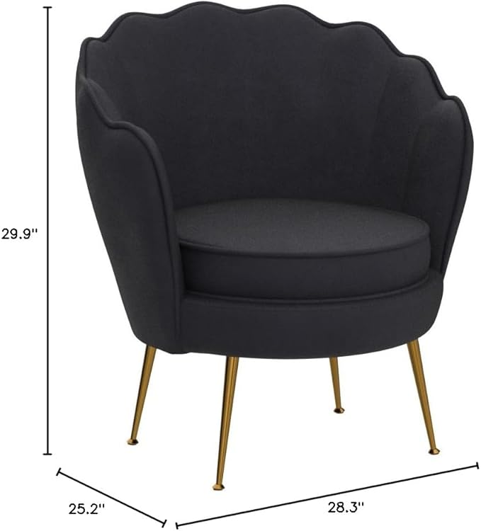 Velvet Barrel Accent Chair with Scalloped Silhouette and Gold Metal Legs, Decorative Piece Suitable for Traditional, Modern, and Contemporary Spaces, Black
