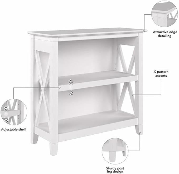 Bush Home Key West Small 2 Shelf Bookcase in Pure White Oak, Compact Home Organizer, Vertical Storage Solution, Bookshelf for Office or Living Room
