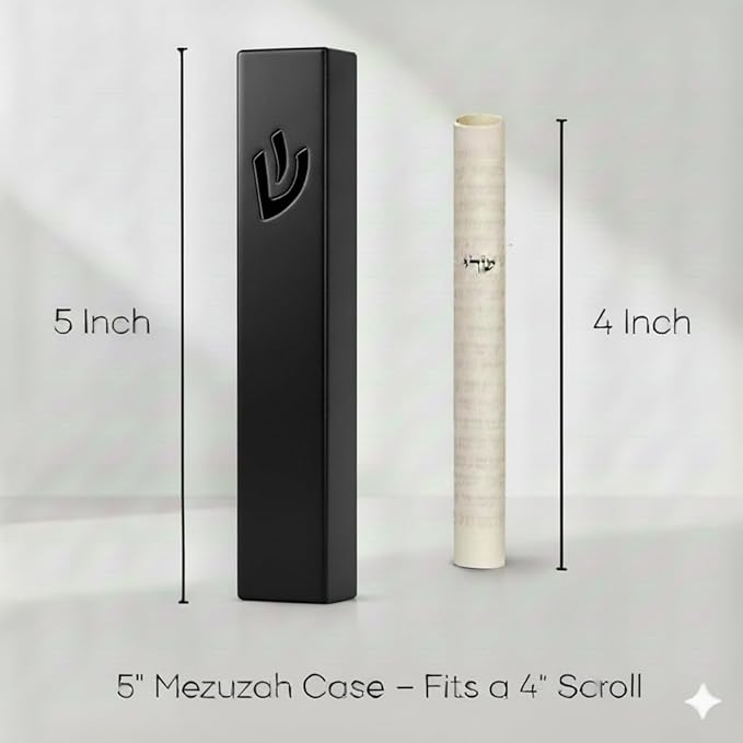 SURI Mezuzah and Scroll – 5 Inch Black Aluminum Mezuzah Case with a Printed Scroll, Open-Back Design for Indoor Use, Self-Stick Adhesive, Fits a 4 Inch Mezuza Scroll, Gift Box Included