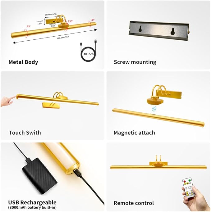 26" Wireless Picture Lights, Rechargeable Battery Art Display Light with Remote Control, Dimmable/Timer Off Dartboard Light, 3 Lighting Modes Full Metal Painting Display Lights (Gold-1 Pack)