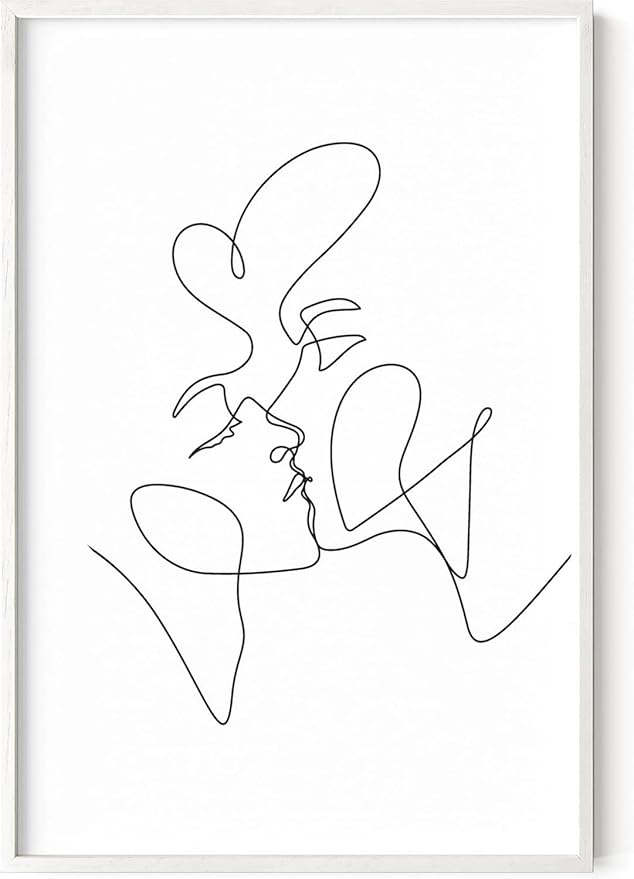 Minimalist Couple Art Wall Art Print Couple Kiss Abstract Line Drawing, Gallery Quality 24"x36" White Framed, Abstract Love Aesthetic Decor Bedroom Living Room