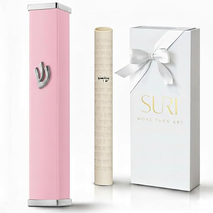 SURI Mezuzah for Door – 3.8 Inch Pink Aluminum Mezuza Holder with Printed Scroll, Contemporary Shin Design, Fits a 3 Inch Scroll, Self-Stick Adhesive, Gift Box Included