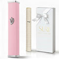 SURI Mezuzah for Door – 3.8 Inch Pink Aluminum Mezuza Holder with Printed Scroll, Contemporary Shin Design, Fits a 3 Inch Scroll, Self-Stick Adhesive, Gift Box Included