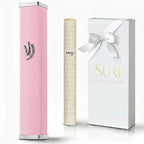 SURI Mezuzah for Door – 3.8 Inch Pink Aluminum Mezuza Holder with Printed Scroll, Contemporary Shin Design, Fits a 3 Inch Scroll, Self-Stick Adhesive, Gift Box Included
