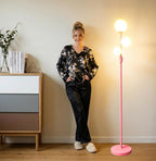 Fiqevs Modern Pink Globe Floor Lamp with Frosted Glass Shade and LED Bulbs, Dimmable Elegant Standing Lamp with Foot Pedal, Tall Pole Lamp for Girls Room, Bedrooms, Office