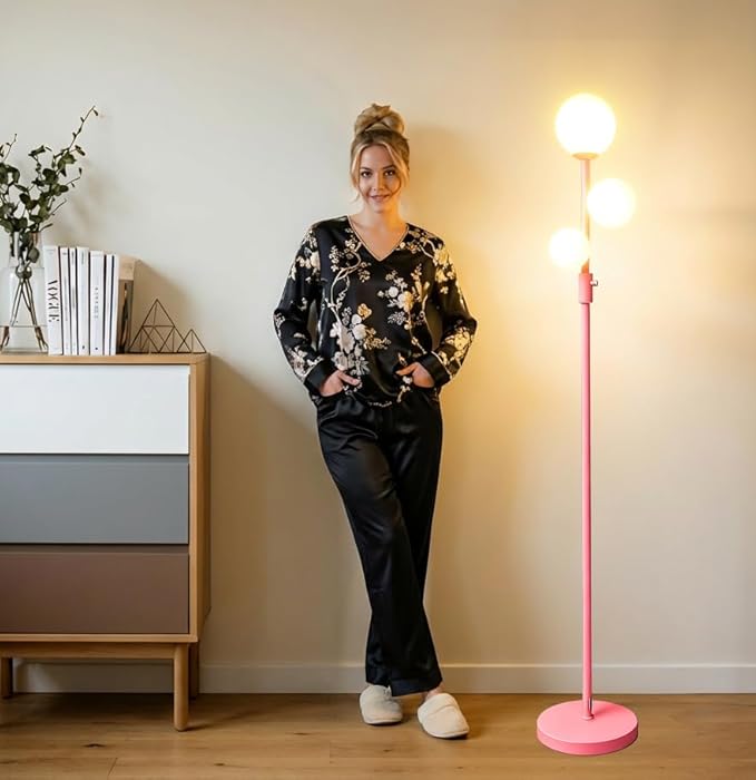 Fiqevs Modern Pink Globe Floor Lamp with Frosted Glass Shade and LED Bulbs, Dimmable Elegant Standing Lamp with Foot Pedal, Tall Pole Lamp for Girls Room, Bedrooms, Office