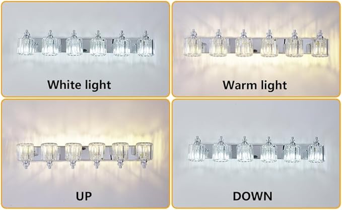 6-Light Modern Bathroom Light Fixture Chrome Bathroom Vanity Lights Over Mirror Wall Sconce Lighting with K9 Crystal Shades E26 Base for Bedroom, Living Room, Hallway Wall Lamp