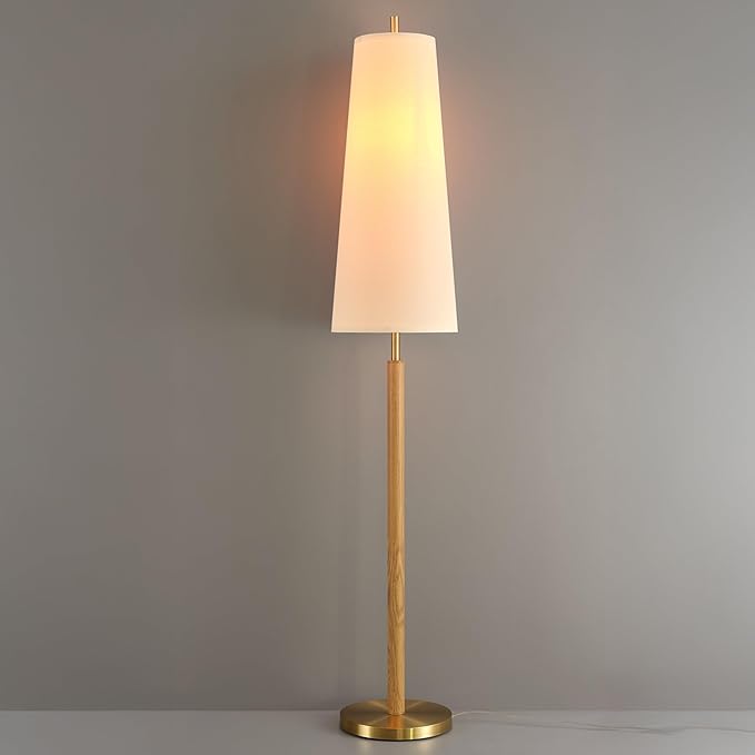 Globe Electric 61000173 63" Floor Lamp, Matte Brass, Wood Toned Accent, Long White Fabric Shade, in-Line On/Off Foot Switch, 6.7-Foot Clear Cord, 1-Light, 60W E26/Medium Base Bulb