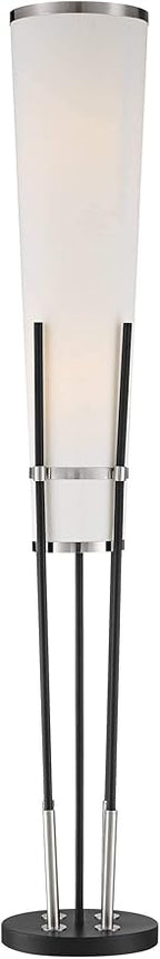 Possini Euro Design Flute Modern Torchiere Floor Lamp Standing 64" Tall Sleek Satin Black Brushed Nickel Metal White Sculptural Linen Shade for Living Room Reading House Bedroom Home Office
