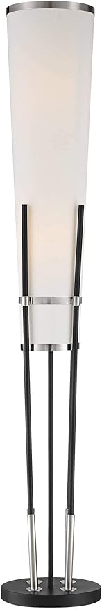 Possini Euro Design Flute Modern Torchiere Floor Lamp Standing 64" Tall Sleek Satin Black Brushed Nickel Metal White Sculptural Linen Shade for Living Room Reading House Bedroom Home Office
