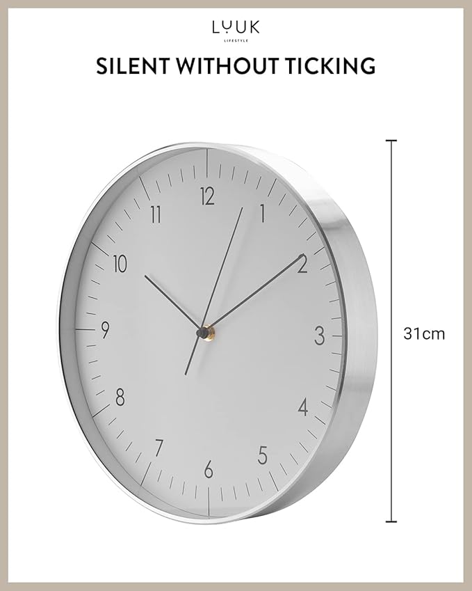 LUUK LIFESTYLE Modern Wall Clock Without Ticking, Pure Minimalist Design, legible Digits, Home Decor for Living Room, Office, in White and Silver